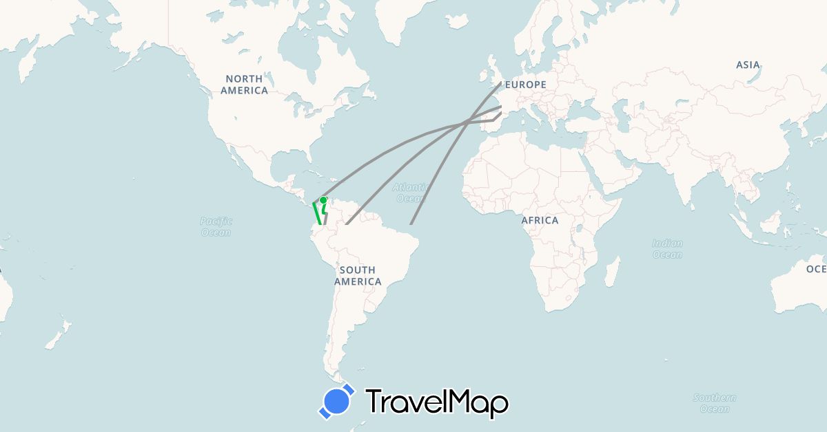 TravelMap itinerary: bus, plane, train, hiking in Argentina, Bolivia, Spain, France, United Kingdom, Panama, Peru (Europe, North America, South America)