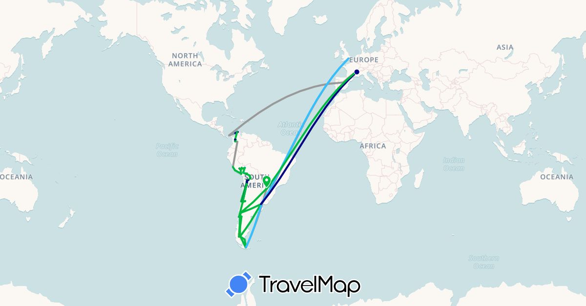TravelMap itinerary: driving, bus, plane, hiking, boat in Argentina, Bolivia, Chile, Colombia, Spain, France, United Kingdom, Panama, Peru, Paraguay, Uruguay (Europe, North America, South America)